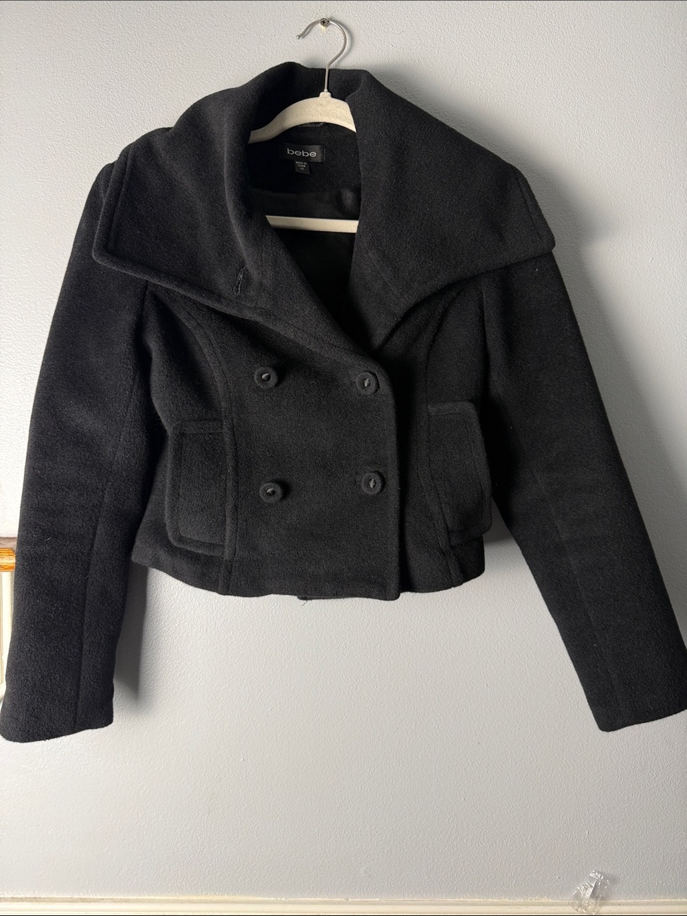 bebe Black Double-Breasted Cropped Pea Coat. Angora and Silk